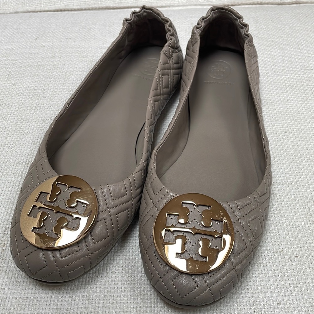 Tory Burch Quilted Minnie Flats- Dust Storm/ Gold